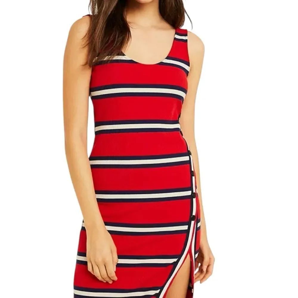Urban Outfitters Red Stripe Midi Side Button Slit Bodycon Knit Nautical Dress S